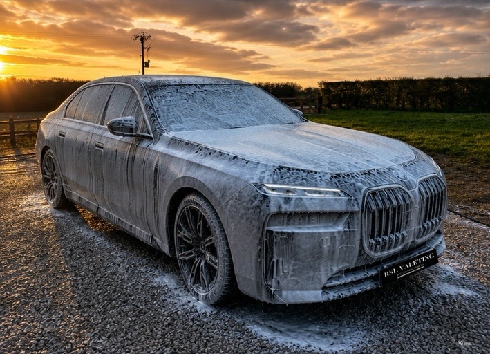 Black sports car covered in snow foam